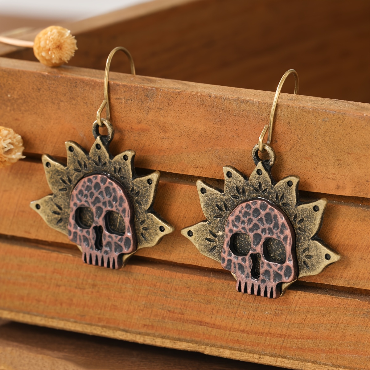 Vintage Distressed Skull Sun Pendant Earrings, Unique Gift for Friends